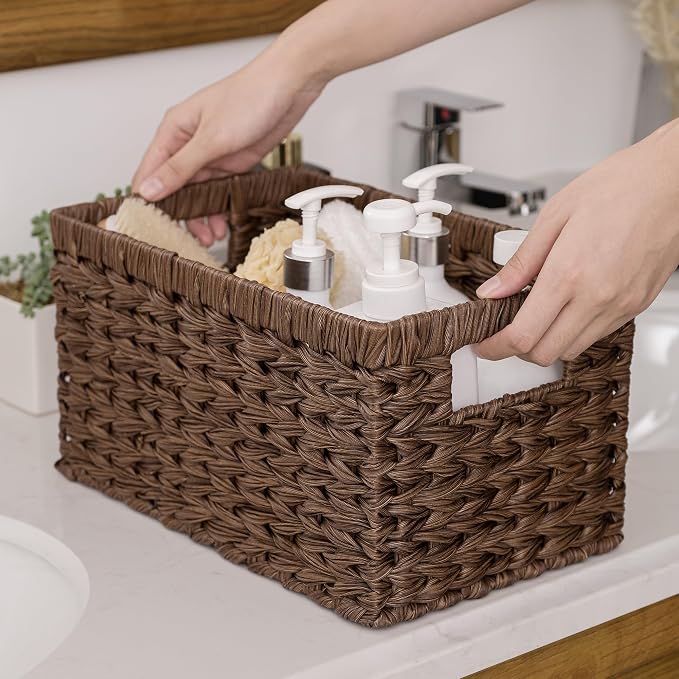 GRANNY SAYS Wicker Storage Baskets for Shelves, Wicker Baskets for Organizing, Waterproof Woven Basket for Pantry, Rectangle Basket for Shlef, Brown, 2-Pack - Image 5