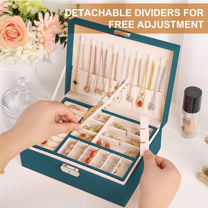 Jewelry Organizer Box Leather Jewelry Box for Girls Womens Earring Organizer with Lock Double Layers Jewelry Case Removable Tray for Necklace Earring Ring with Polishing Cloth and Jewelry Bags - Image 3