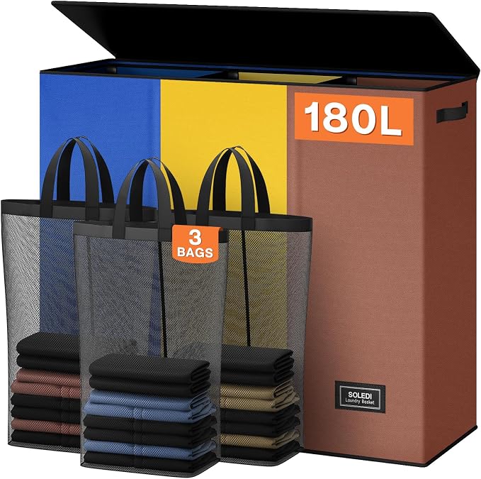 SOLEDI 180L Laundry Hamper 3 Section, Extra Large Laundry Hamper with Lid, Dirty Clothes Hamper with Sturdy Handle, Large Laundry Basket Organizer for Laundry Room, Bedroom, Hampers for Laundry by SOLEDI