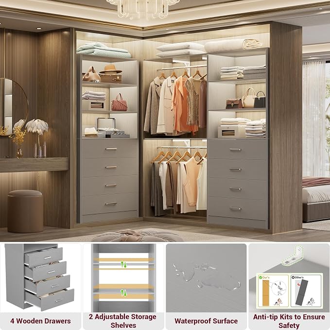 Aheaplus Closet Drawers System, 21.3" Wood Closet Organizer System with 4 Drawers, Modular Walk-in Closets System Storage Unit, Small Closets Wardrobe Rack, Tall Storage Cabinet Unit, Grey1 - Image 4