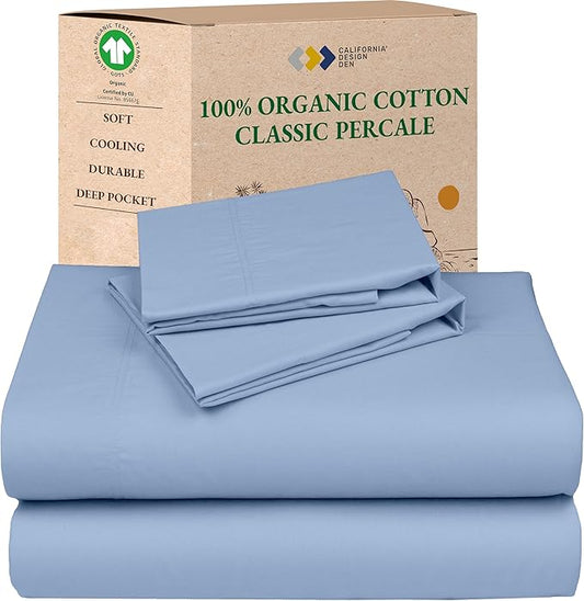 California Design Den Soft 100% Organic Cotton Queen Sheet Set - Crisp and Cool Percale, Deep Pocket Organic Cotton Sheets with Anti-Skid Elastic, Breathable and Durable Bedding Set - Light Blue