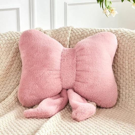 XVTRU Dusty Pink Bow Pillow, Soft Bow Decorative Pillows with Faux Rabbit Fur, Cute 16" Bow Throw Pillows, Aesthetic Home Decor Bow Shaped Plush Pillow for Bedroom Sofa Couch