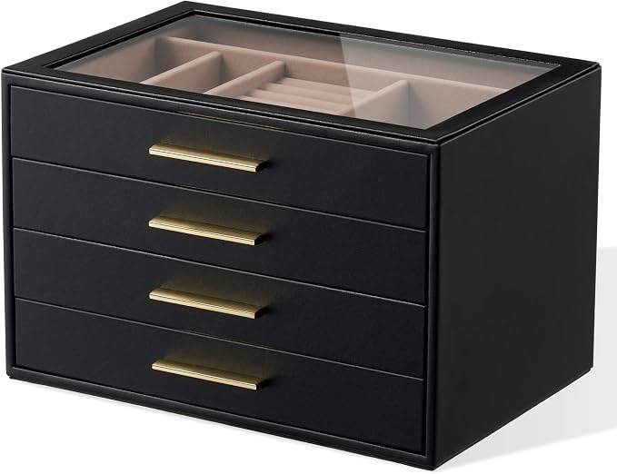 pickpiff Jewelry Box Organizer Case for Women: 4-Layer Jewelry Storage Case with Glass Window, Black Leather with Blush Velvet, Holder for Ring Necklace Bracelet Brooch Watch, Great Gift for Her by pickpiff