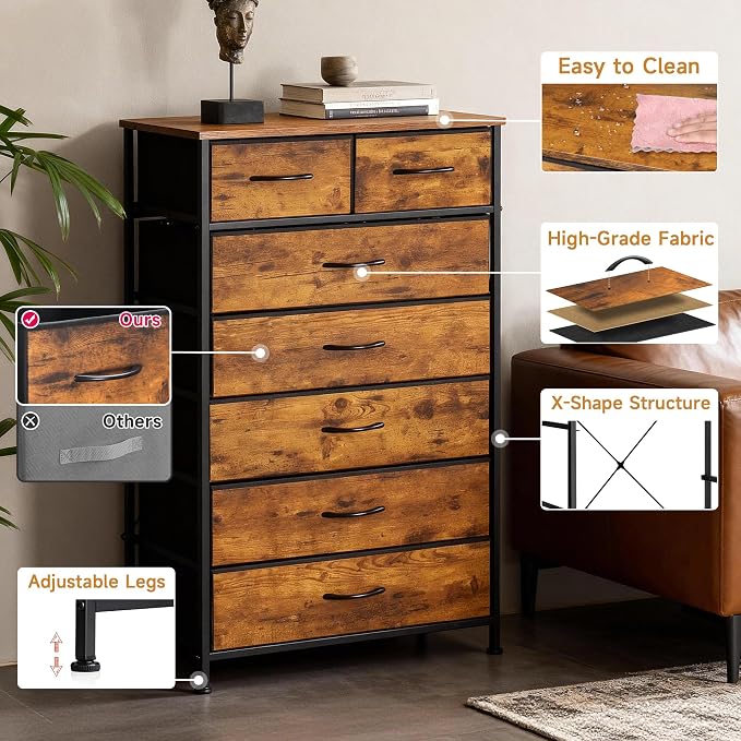 Mifuro Tall Dresser for Bedroom, Vertical Storage Organizer Tower with 7 Drawers, Chest of Drawers with Fabric Bins, Steel Frame, Wood Top for Bedroom, Closet, Entryway- Rustic Brown - Image 8