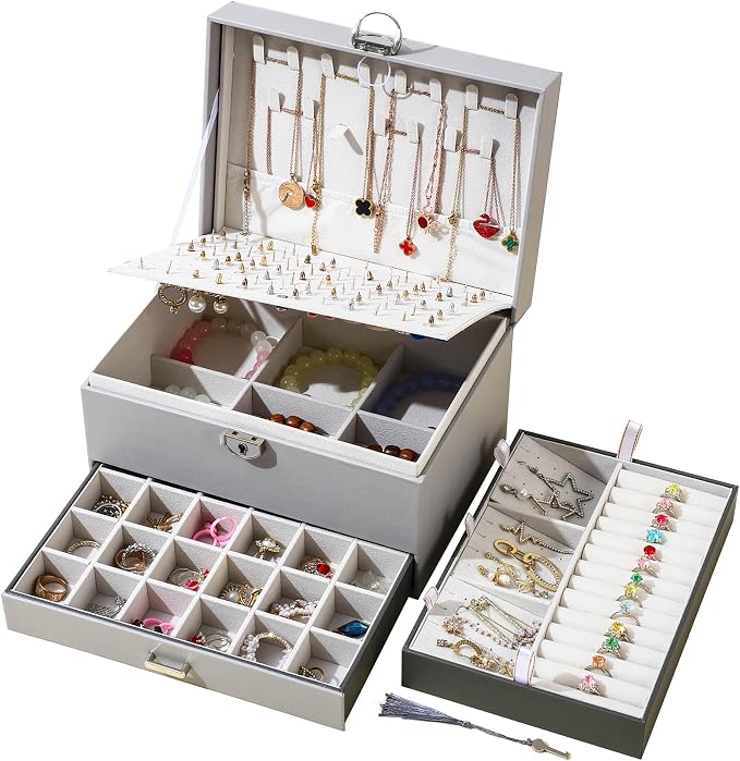 BOOVO Earring Jewelry Box For Women Girl Stud Organizer, 5 Layers Girl Jewelry Organizer Box With Lock Earring Holder Organizer Necklace Ring Jewelry Organizer Box For Girls (grey) by BOOVO