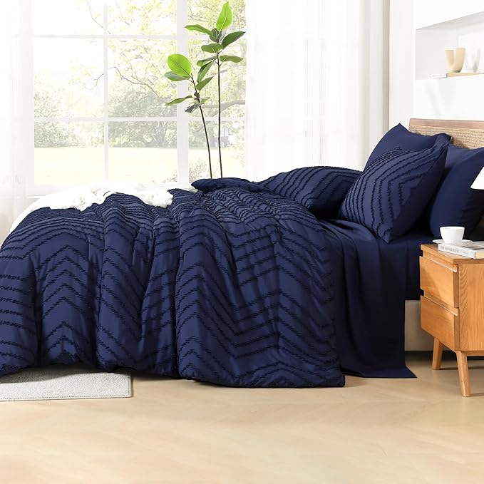Litanika Full Size Comforter Set with Sheets Navy Blue - 7 Pieces Bed in a Bag Full Chevron Tufted Complete Bedding Sets with Comforter, Sheets, Pillowcases & Shams