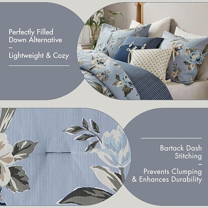 Madison Park King Comforter Set Vintage Floral Reversible Comforter, All Season, Down Alternative Bedding Comforter, Bedskirt, Pillows, Shams, Salara, King Blue 7 Piece