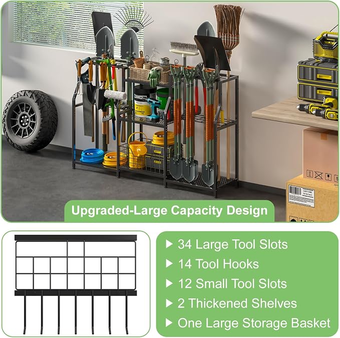 keomaisyto Garden Tool Organizer, Heavy Duty Yard Tool Tower Rack for Garage Organization and Storage, 3 Tier Utility Garden Tool Rack with hooks for Garden/Shed/Garage/Yard/Basement/Lawn - Image 2