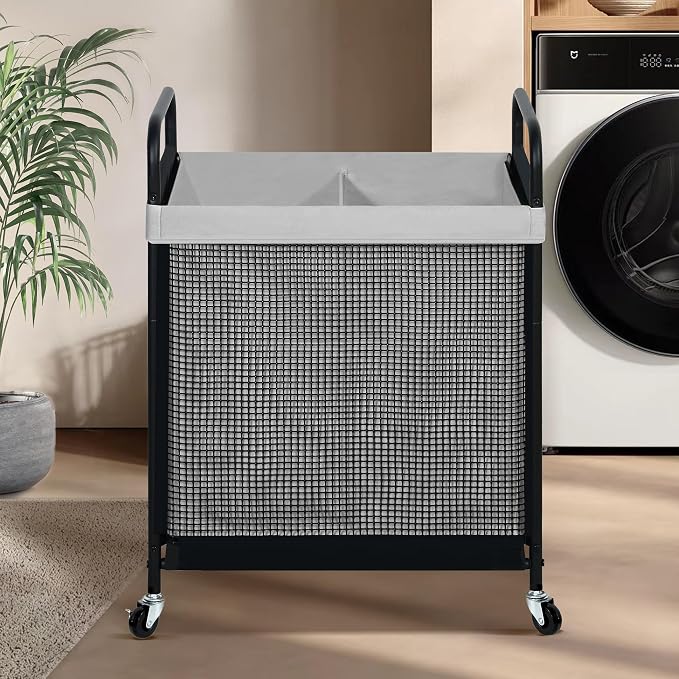 STO STO Laundry Hamper 2 Section, 100L Rolling Laundry Sorter Cart with Removable and Washable Liner Bag, Clothes Hamper with Wheels and Metal Handle for Laundry Room and Bedroom, Gray - Image 2