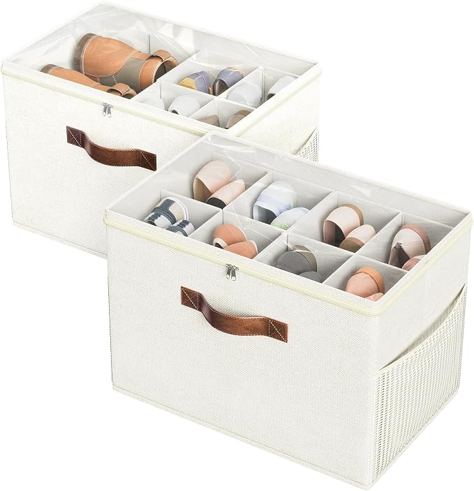 Budding Joy 2 Pack Shoe Organizer for Closet, Clear Foldable Shoe Storage Containers Adjustable Dividers Fits 16 Pairs,Shoe Storage Bins Baskets Boxes with Reinforced Handles Beige by BuddingJoy-BuildaJoyfulLifeforYou