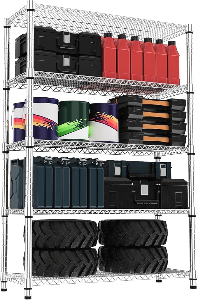 M MZG 5 Tiers Shelf Metal Storage Shelves 3300 lbs Steel Storage Shelving Utility Shelving Unit Steel Organizer Wire Rack for Home,Kitchen,Office,Garage Chrome 17.7" D x 47.2" W x 70.3" H by MEIGAOPLASTICANDMETALHKCOLIMITED