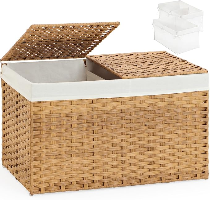SETVSON Storage Basket with Lid Wicker Baskets for Storage with 2 Separate Lid 42.3 Gallon (160 L) 29.9 x 17.3 x 18.1 Inches Rattan Woven Large Wicker Basket with 2 Liners for Bedroom Laundry Natural by SETVSON