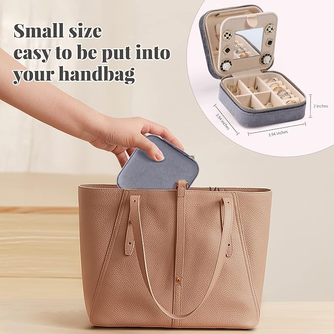 Dajasan Velvet Travel Jewelry Box, Mini Travel Jewelry Case, Small Portable Travel Jewelry Organizer Box with Mirror for Earrings Bracelets Rings Necklace (Grey) - Image 3