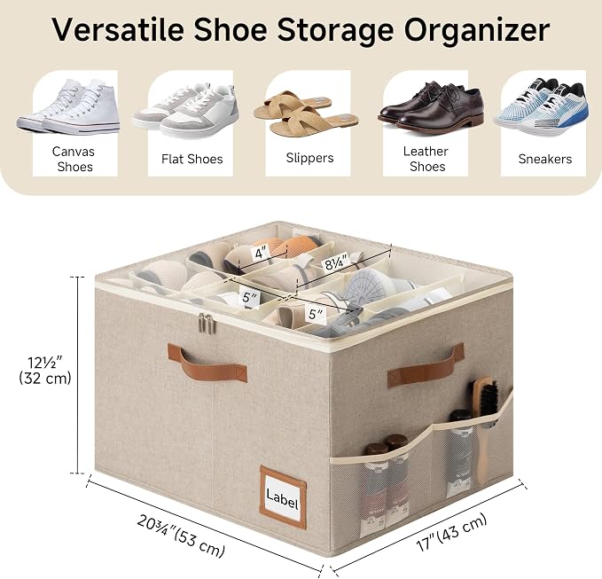 StorageWorks Shoe Organizer for Closet, 2 Pack Shoe Storage Boxes with Clear Lid, Stackable Shoe Storage Organizer for Sandals and Slippers, Fabric Shoe Bins for Closet, Holds 16–32 Pairs, Taupe - Image 2