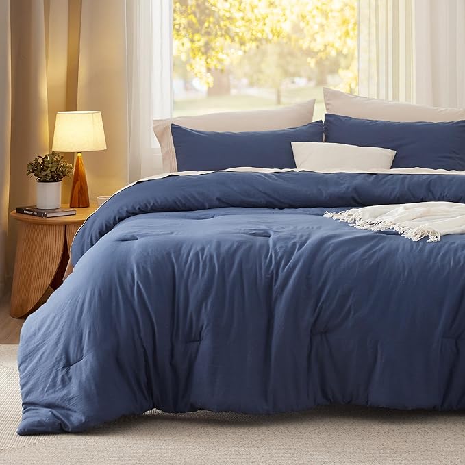 Bedsure California King Comforter Set, Navy Soft Prewashed Bedding for All Seasons, 3 Pieces GentleSoft™ Bed Set, 1 Lightweight Comforter (104"x96") and 2 Pillowcases (20"x36")