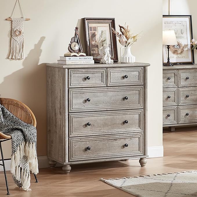 RWYHG Farmhouse 5 Drawer Dresser for Bedroom Set of 2, 35.5" Tall Small Dressers & Chest of Drawers, Rustic Wood Dresser with Roman Column, Storage Organizer for Living Room, Hallway, Closet (Grey)