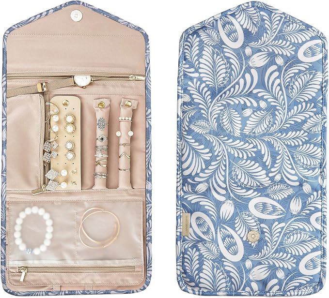 BAGSMART Travel Jewellery Organiser Roll Foldable Jewelry Case for Journey-Rings, Necklaces, Bracelets, Earrings, White Leaf - Image 2