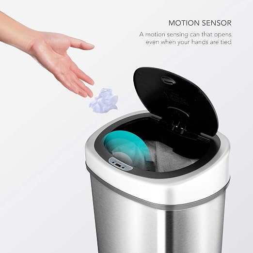 Ninestars DZT-42-9 Automatic Touchless Infrared Motion Sensor Trash Can, 11 Gal 42L, Stainless Steel Base (Oval, Silver/Black Lid) - Image 2