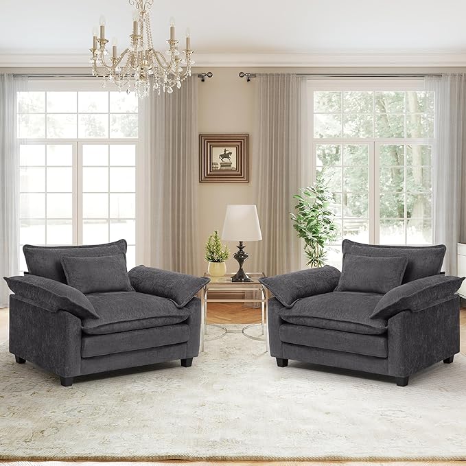 Oversized Accent Chairs Set of 2,Modern Chenille Cloud Sofa Chair with Deep Seat,Upholstered Armchair with Extra Thick,Comfy accent chairs Reading Chairs for Living Room Bedroom Apartment Darkgrey