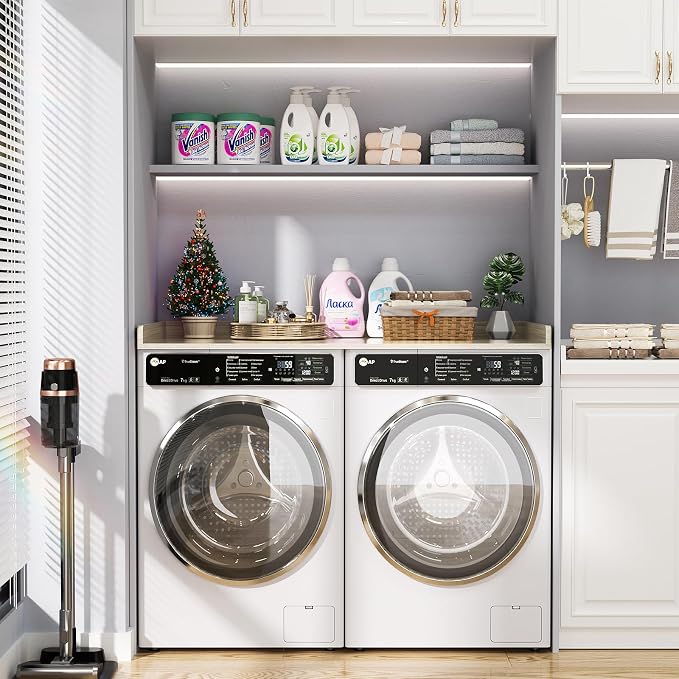 Aheaplus Washer and Dryer Countertop, Laundry Room Organization with Non-Slip Pads, Wood Shelf Topper with Round Corner Edge Rails, Folding Organizer for Laundry, 54" W x 27.5" D, White Oak - Image 6