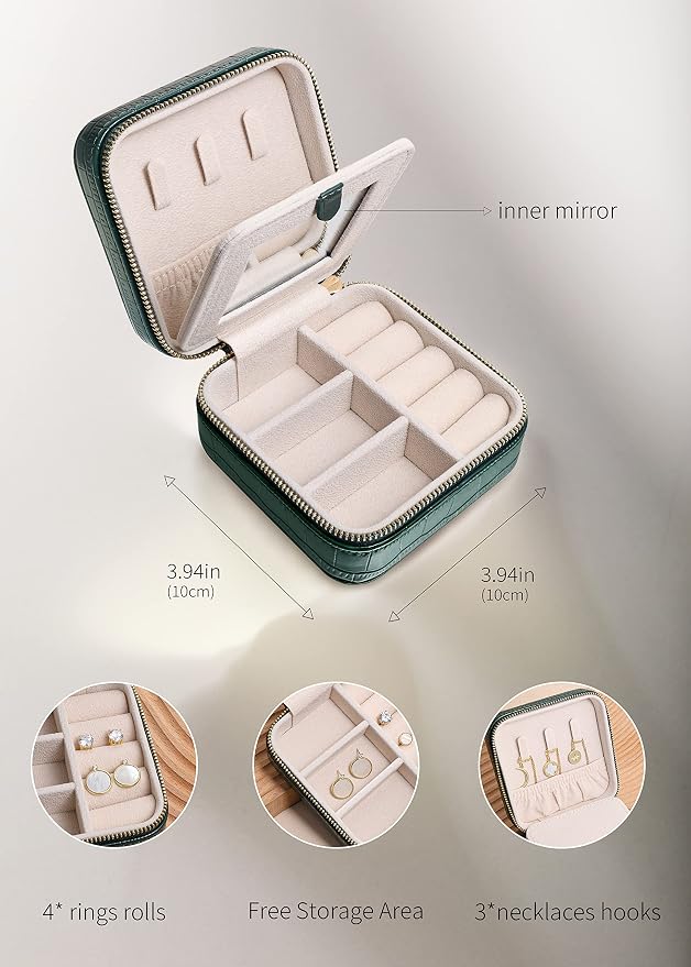 S.Leaf Travel Jewelry Organizer Boxes for Women Small Portable Necklace Earrings Bracelet Rings Travel Case Best Friend Birthday Gifts for Women Trendy (09_Pattern_Crocodile_Emerald_01) - Image 4