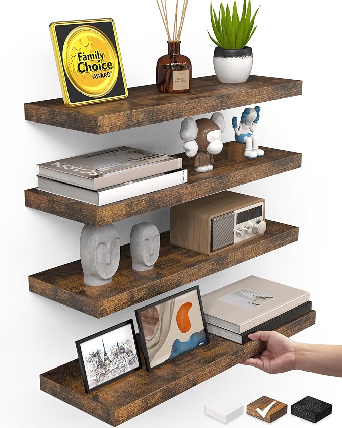 BAYKA Floating Shelves for Wall, 15.7in Wall Mounted Rustic Wood Shelves for Bathroom, Bedroom, Living Room, Kitchen, Hanging Shelf for Storage/Room Decor with 22lbs Capacity (Rustic Brown, Set of 4) by Bayka