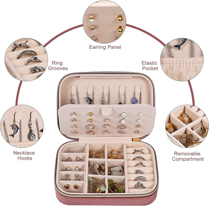 Dajasan Velvet Jewelry Box, Small Travel Jewelry Case, Portable Travel Jewelry Organizer Box for Women Girls (Pink) - Image 3