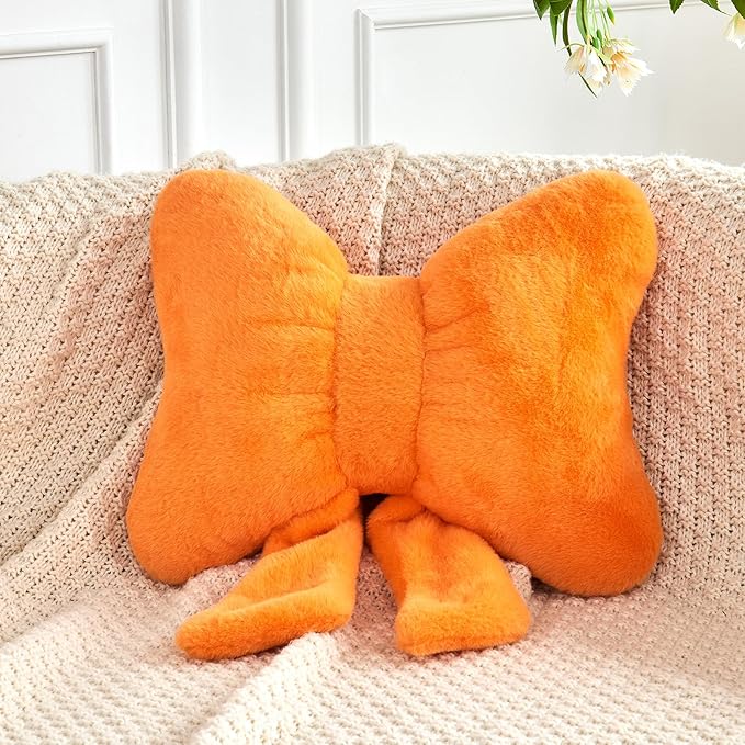 XVTRU Bow Pillow, Soft Bow Decorative Pillows with Faux Rabbit Fur, Cute Bow Throw Pillows, Aesthetic Home Decor Bow Shaped Plush Pillow for Bedroom Sofa Couch (Orange, Large-16 Inch)