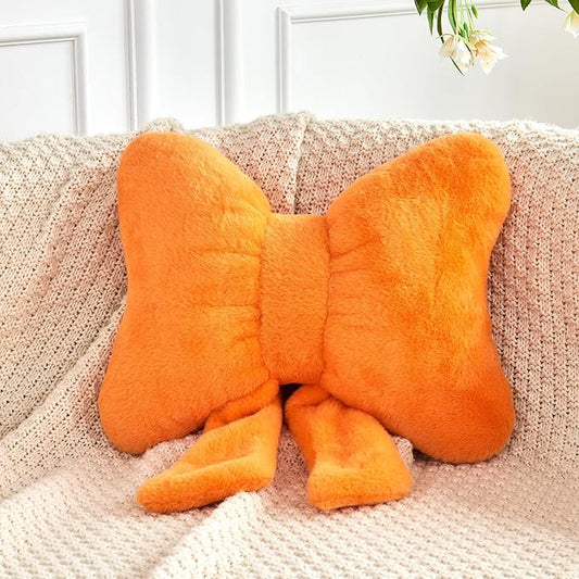 XVTRU Bow Pillow, Soft Bow Decorative Pillows with Faux Rabbit Fur, Cute Bow Throw Pillows, Aesthetic Home Decor Bow Shaped Plush Pillow for Bedroom Sofa Couch (Orange, Large-16 Inch)