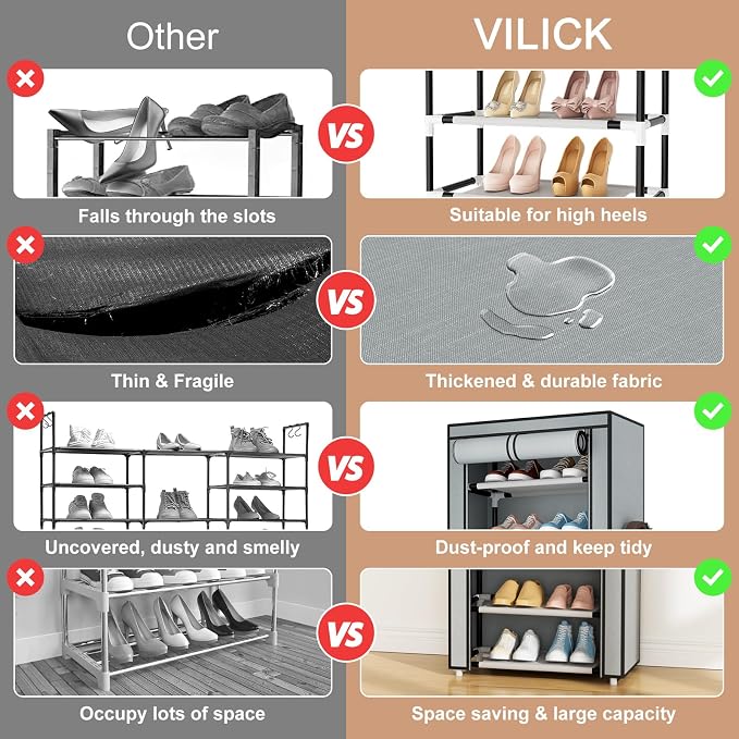 VILICK Shoe Rack with Cover Narrow Shoe Rack Organizer with 4 Side Pockets 10 Tier Tall Shoe Storage Shoe Shelf Holds 18-22 Pairs Shoes and Boots Shoe Rack for Closet, Grey - Image 5