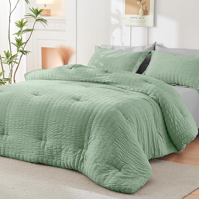 HYMOKEGE Sage Green/Light Grey California King Comforter Set Seersucker 7 Pieces, All Season Luxury Bed in a Bag for Bedroom, Bedding Set with Comforter, Sheets, Pillowcases & Shams