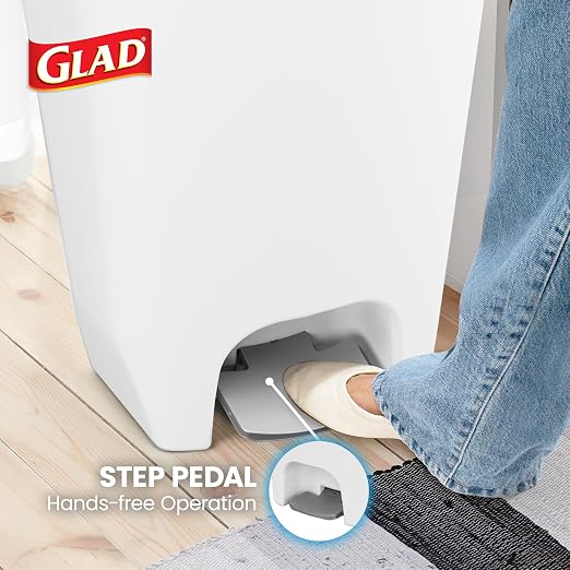 Glad 13 Gallon Trash Can | Plastic Kitchen Waste Bin with Odor Protection of Lid | Hands Free with Step On Foot Pedal and Garbage Bag Rings, 13 Gallon, White - Image 4