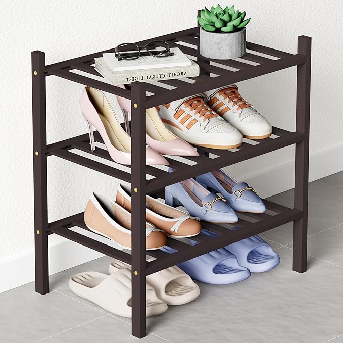 Smiry Bamboo Shoe Rack for Closet, 3 Tier Small Wooden Stackable Shoe Organizer, Free Standing Shoes Storage Shelf for Entryway, Front Door Entrance, Brown by Smiry