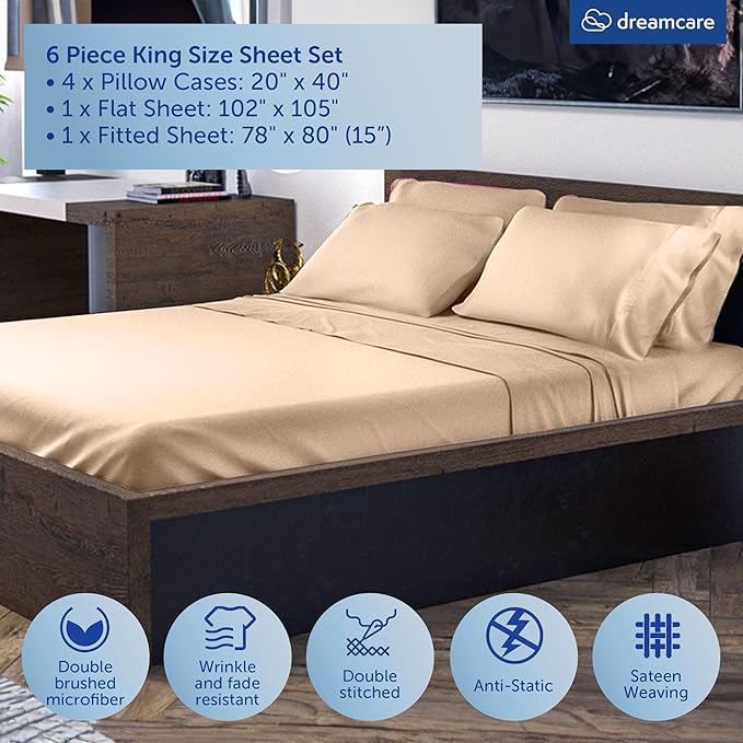 DREAMCARE Queen Sheet Set - 6 pcs Breathable Cooling Bed Sheets - up to 15" Deep Pocket Queen Sheets Set with Side Pockets - Extra Soft 100% Brushed Hypoallergenic Hotel Luxury Bedding - Wheat