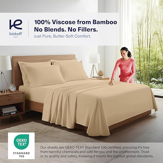 Kickoff Viscose Bamboo Sheets Full Size 4-pc 100% Organic Bamboo Viscose Bed Cooling Sheets Full Size Set Cool Bedding for hot Sleepers Sheet, Flat, Fitted, Pillowcases (Beige, F)