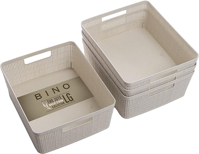 BINO - Woven Plastic Basket, Medium (Natural), 4-Pack, The Jute Collection, Home Organization, Space-Saving Storage, Stylish Design, Jute Basket by BINO