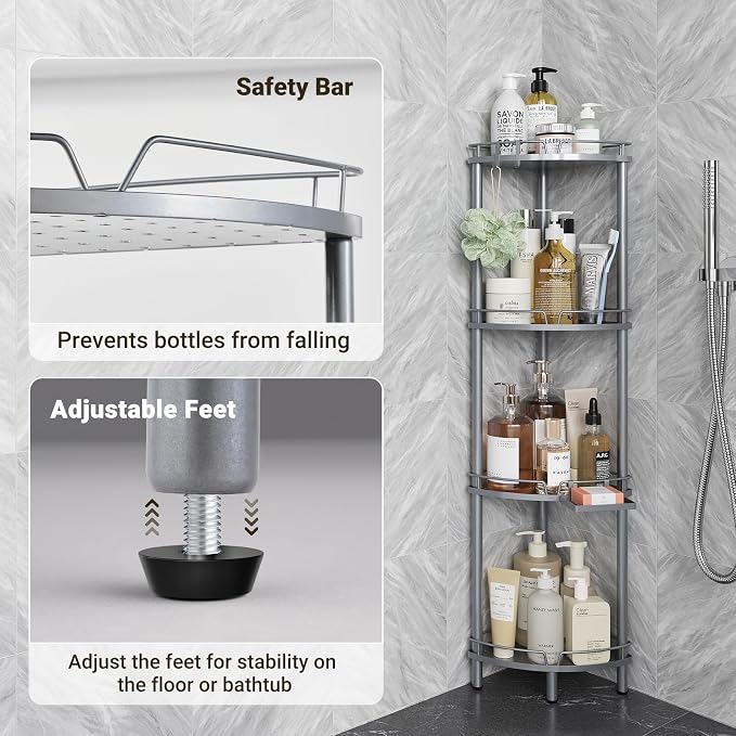 ELYKEN Corner Shower Caddy Standing, 4 Tier Rustproof Metal Shower Organizer with Soap Holder, Floor Shower Corner Shelf Rack Storage Stands with Adjustable Feet & 2 Hooks for Bathroom, Silver - Image 5