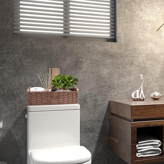 Round Paper Rope Storage Basket Wicker for Organizing with Handle, Decorative Bins Countertop Toilet Paper for Tank Top Small Set, Brown - Image 3