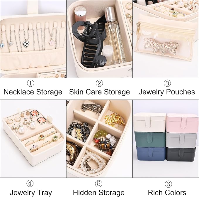 2 Layer Portable Jewelry Box, Large Jewelry Travel Case with 4 Jewelry Pouches, Medium Size Jewelry Organizer Box for Earrings, Necklaces, Bracelets (beige) - Image 4