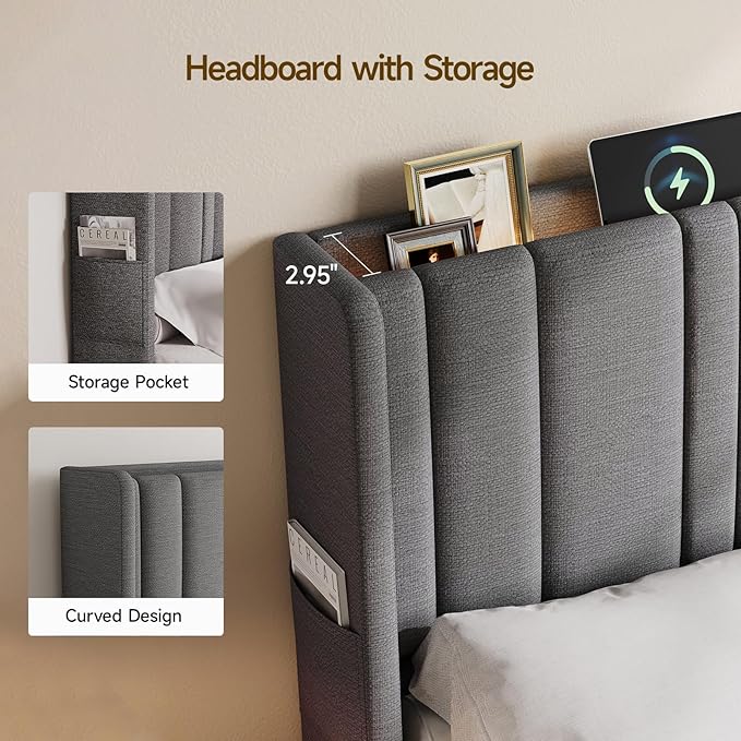 ONBRILL Queen Size Headboard with Storage, LED Light, Linen Vertical Wingback Headboard with Charging Station, Upholstered Head Board Queen w/High-Density Sponge Padding, 2 Storage Pockets, Grey