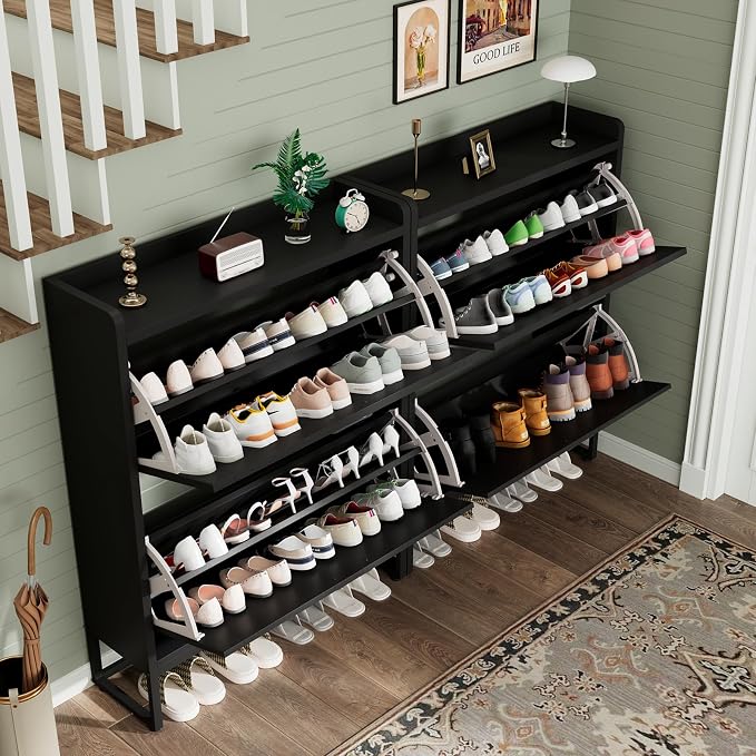 GRUSIGN Shoe Cabinet, Shoe Storage Cabinet with 2 Flip Drawers & Adjustable Shelf, Space-Saving Shoe Organizer – Holds 16+ Pairs, Narrow Shoe Cabinet Storage for Entryway/Hallway（Black） - Image 7