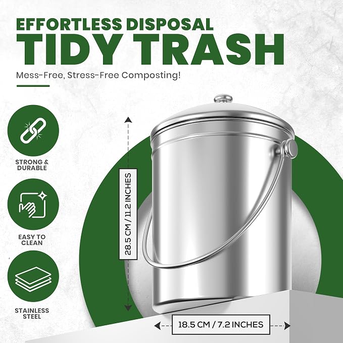Utopia Kitchen Countertop Compost Bin Kitchen with Charcoal Filter -1.3gallon Stainless Steel Kitchen Compost Bin Countertop - Ideal Kitchen Essentials or Small Composter for Under The Sink Trash - Image 2