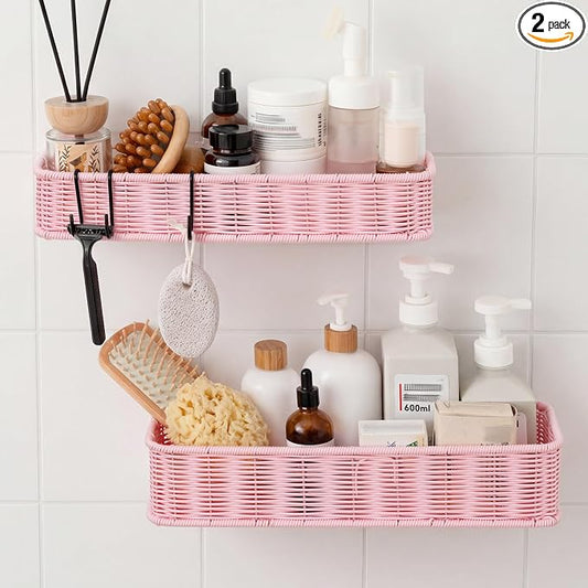 GRANNY SAYS 2 Pack Wicker Shower Caddy Hanging, Shower Shelf for Inside Showers, Adhesive Shelves for Bathroom Organizers and Storage, Bathroom Shelves Wall Mounted with 4 Hooks for Home Decor, Pink by GRANNYSAYS