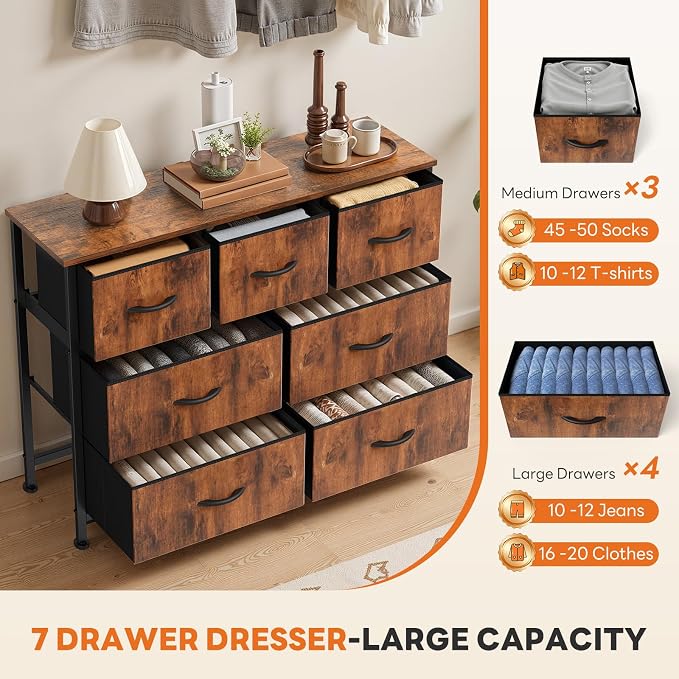 Sweetcrispy 7 Drawer Dresser with Fabric Bins Fabric Storage Tower Organizer for Bedroom Closet Hallway Entryway Tall Chest of Drawers with Steel Frame Wood Top Easy Pull Handles,Rustic Brown - Image 5