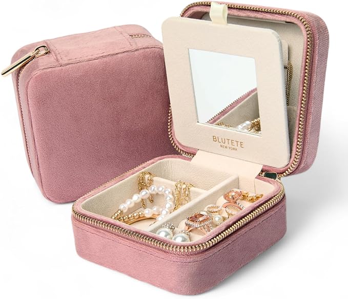 BLUTETE Travel Jewelry Box Organizer Velvet Travel Case With Mirror Ring Earrings Necklaces Storage Organizer Box (Dusty Pink) by BLUTETE
