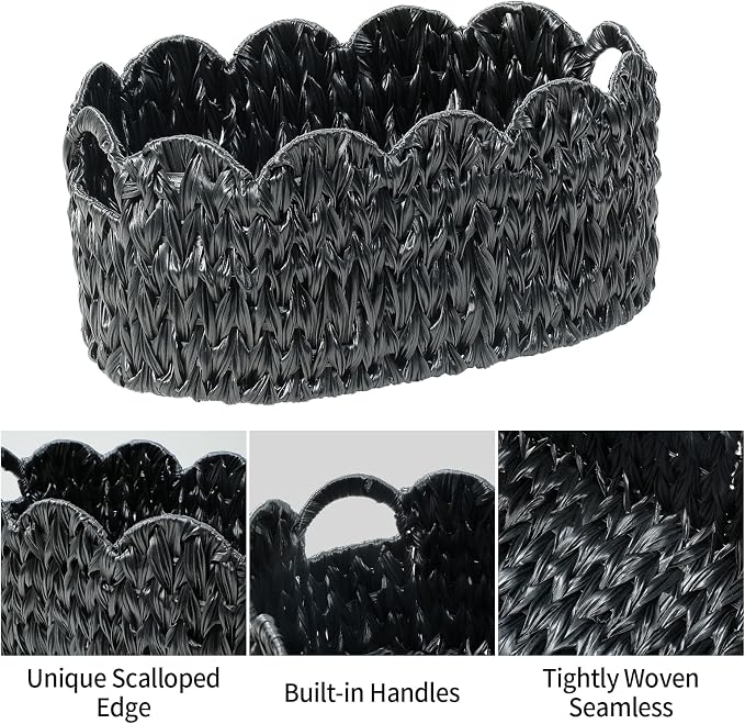 Coeusy Wicker Scalloped Basket Set of 2,Woven Storage Baskets for Shelves,Closet,Laundry,Gift,Towels,Books,Toys,Waterproof Decor Basket for Organizing,Black Oval - Image 7