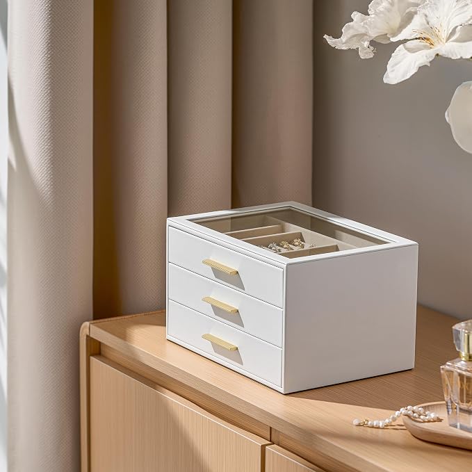 pickpiff Jewelry Box Organizer Case for Women: 3-Layer Jewelry Storage Case with Glass Window, Pure White Leather with Velvet Holder for Ring Necklace Bracelet Brooch Watch, Great Gift for Her - Image 5