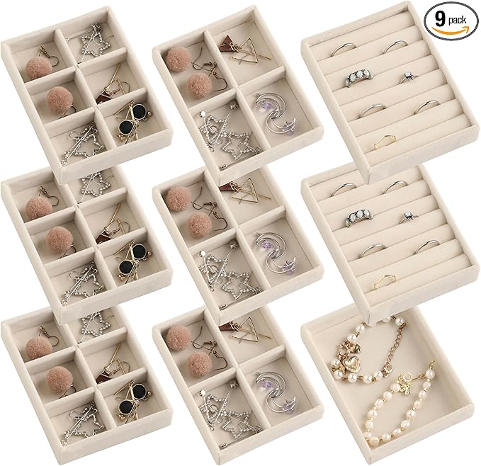 Frebeauty Small Jewelry Tray Set,Stackable Velvet Jewelry Organizer Tray,Mini Jewelry Drawer Organizer,Drawer Inserts,4.92 x 3.74 x 0.9 Inches,Earring Organizer for Women(Set 9,Beige) by Frebeauty
