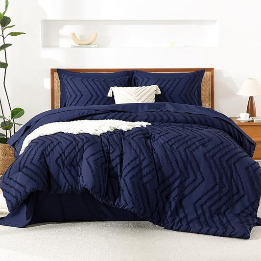 Litanika Super King Size Comforter Set with Sheets Navy Blue - 7 Pieces Bed in a Bag Oversized King Boho Tufted Complete Bedding Sets with Comforter, Sheets, Pillowcases & Shams