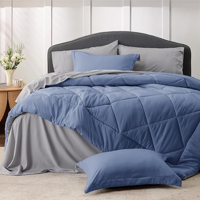 Bedsure Twin XL Comforter Set - 5 Pieces Reversible Twin XL Bed in a Bag, Infinity Blue and Grey with Comforters, Sheets, Pillowcase & Sham